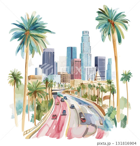 Los Angeles. Los Angeles hand drawn watercolor illustration 131816904