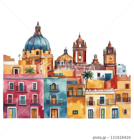 Mexico City Historic Centre. Mexico City Historic Centre hand drawn watercolor illustration 131816920