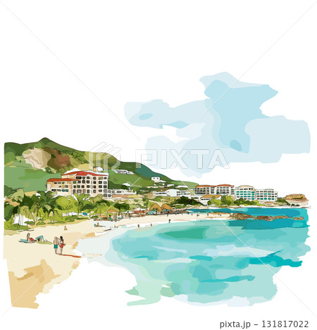 Saint Martin Beach. Saint Martin Beach hand drawn watercolor illustration Saint Martin Beach. Saint Martin Beach hand drawn watercolor illustration 131817022