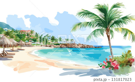 Saint Martin Beach. Saint Martin Beach hand drawn watercolor illustration 131817023