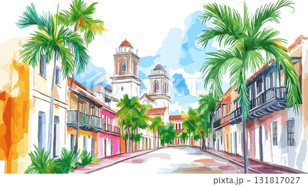 Santo Domingo Colonial Zone. Santo Domingo Colonial Zone hand drawn watercolor illustration 131817027