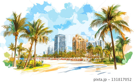 Miamis South Beach. Miamis South Beach hand drawn watercolor illustration 131817052