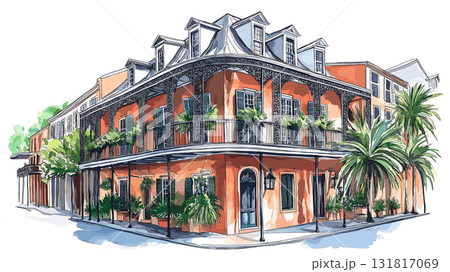 The French Quarter. The French Quarter hand drawn watercolor illustration The French Quarter. The French Quarter hand drawn watercolor illustration 131817069