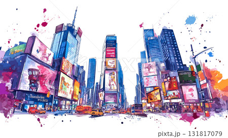 Times Square. Times Square hand drawn watercolor illustration 131817079