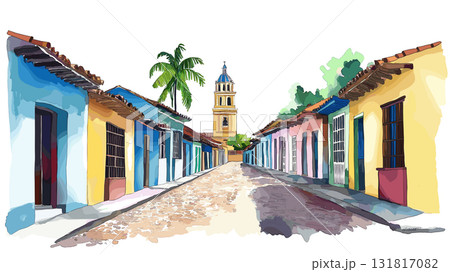 Trinidad Old Town. Trinidad Old Town hand drawn watercolor illustration Trinidad Old Town. Trinidad Old Town hand drawn watercolor illustration 131817082