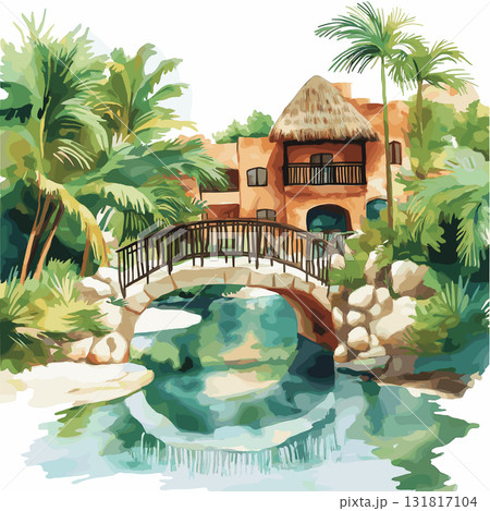 Xcaret Eco Park. Xcaret Eco Park hand drawn watercolor illustration 131817104