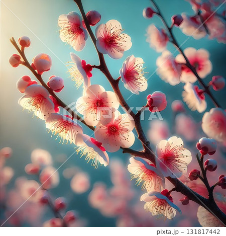 朝日を浴びて幻想的に浮かび上がり生き生きとしているピンク色の花 131817442