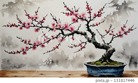 紅梅と雪が降る日 131817446