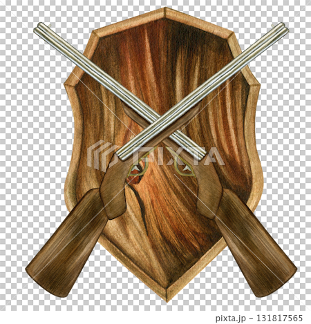 Guns crisscrossed on an oak shield. Hand-drawn watercolor illustration. Isolated on a white background 131817565