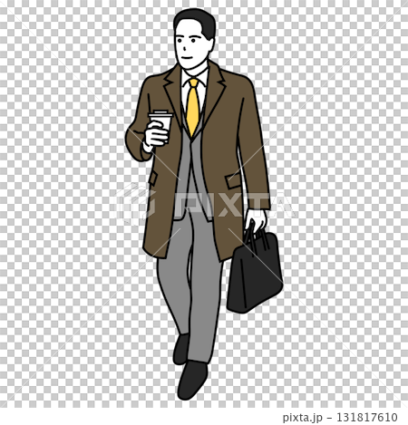 冬季通勤：一位男士身穿外套，手持咖啡 131817610