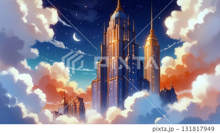 ゲーム　雲の合間に見える美しい夜の星空満月と高層ビルの夜景風景	 131817949