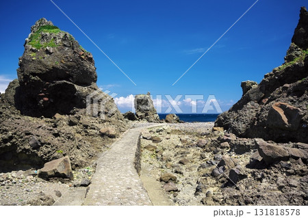 夏の竜飛岬　遊歩道から海岸の奇岩を臨む 131818578