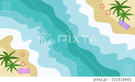 Beach Flat Illustration Banner Background with Abstract Waves, Palm Tree, Lifebuoy, and Sand Texture 131818601