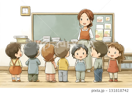 幼稚園で園児と一緒に歌を歌う先生 幼稚園で園児と一緒に歌を歌う先生 131818742