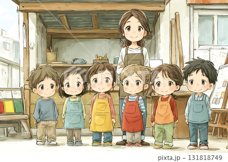 園庭で遊んでいる子どもたちと先生 131818749