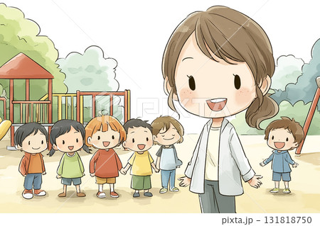 園庭で遊んでいる子どもたちと先生 園庭で遊んでいる子どもたちと先生 131818750