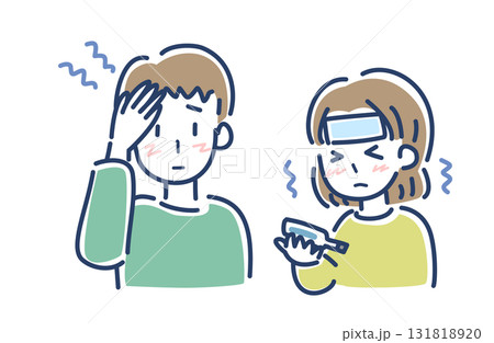 頭痛がする男性と熱がある女性のベクターイラスト 頭痛がする男性と熱がある女性のベクターイラスト 131818920