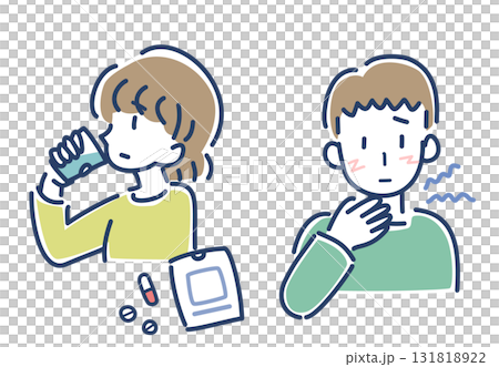 Vector illustration of a woman taking medicine and a man with a sore throat Vector illustration of a woman taking medicine and a man with a sore throat 131818922