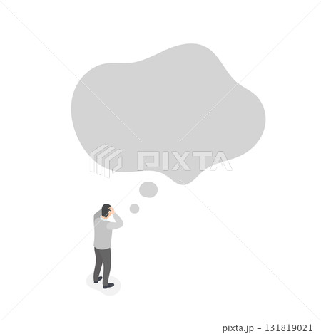頭をかかえて悩む男性と大きなもやもや吹き出しのベクターイラスト (不安・悩み) アイソメトリック 131819021