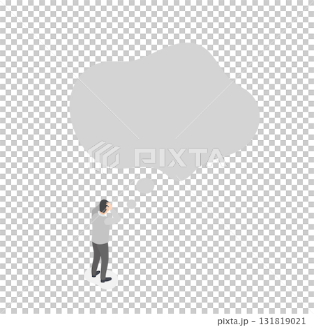 在向量圖上，一個焦慮的男人抱著頭，嘴裡吐著一個大而困惑的氣泡（焦慮、擔憂）等距 131819021