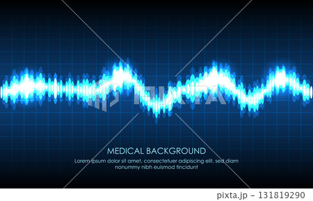 Illustration of Emergency ekg monitoring. Blue Glowing Neon Heart Pulse. Heartbeat. Dark Blue Background with a Grid. Vector Illustration. All in a single layer. 131819290