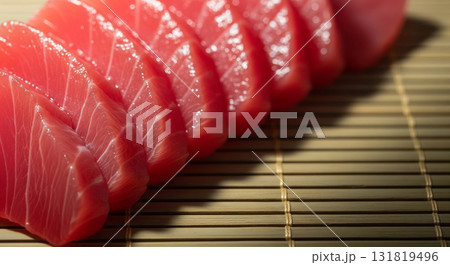 Fresh Tuna Sashimi Slices on Bamboo Mat Fresh Tuna Sashimi Slices on Bamboo Mat 131819496