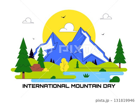 International Mountain Day Vector Illustration Celebrated on December 11, Featuring Mountain Landscape, Green Valleys, and Trees in a Flat Background 131819946