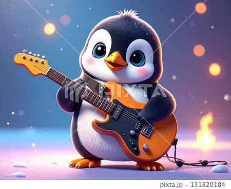 ギターを抱えたペンギンのキャラクターが微笑む、可愛く明るい雰囲気の3Dアニメ風イラスト ギターを抱えたペンギンのキャラクターが微笑む、可愛く明るい雰囲気の3Dアニメ風イラスト 131820184