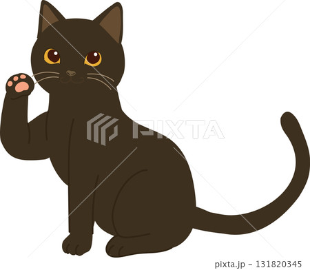 kawaii black cat. a cute feline sitting with paw up suitable for decoration pet designs. 131820345