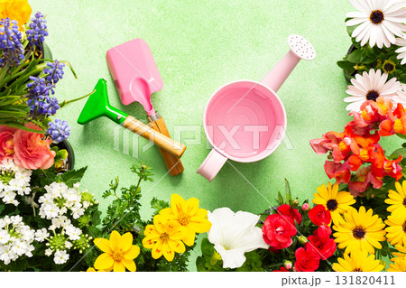 A bright and lively balcony showcases a variety of spring flowers in full bloom. Gardening tools are arranged artfully among the colorful petals, inviting creativity and joy A bright and lively balcony showcases a variety of spring flowers in full bloom. Gardening tools are arranged artfully among the colorful petals, inviting creativity and joy 131820411