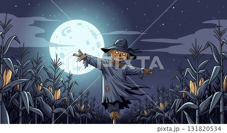 Scarecrow Stands Guard in Cornfield Under Moonlight in Pixel Art Style 131820534