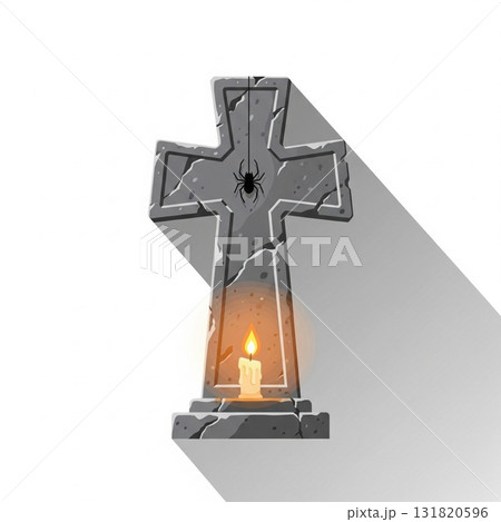 Pixelated Stone Cross Gravestone with Candle on White Background Pixelated Stone Cross Gravestone with Candle on White Background 131820596