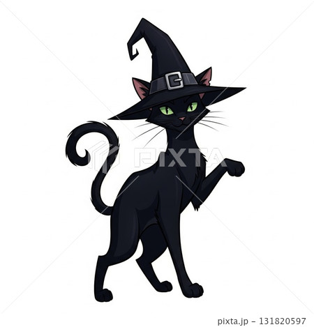 Black Cat with Green Eyes Wearing a Witch Hat on White Background for Halloween Celebration Black Cat with Green Eyes Wearing a Witch Hat on White Background for Halloween Celebration 131820597