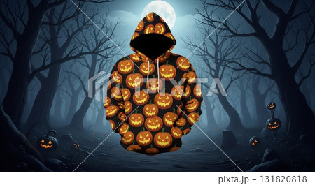 Halloween Themed Hoodie Featuring Pixelated Pumpkin Faces in a Dark Forest Under Full Moon Halloween Themed Hoodie Featuring Pixelated Pumpkin Faces in a Dark Forest Under Full Moon 131820818