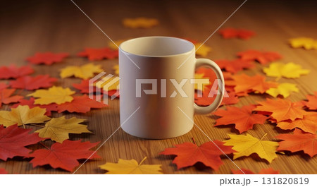 White Mug Surrounded by Colorful Autumn Leaves on Wooden Table Top Surface in Warm Light White Mug Surrounded by Colorful Autumn Leaves on Wooden Table Top Surface in Warm Light 131820819