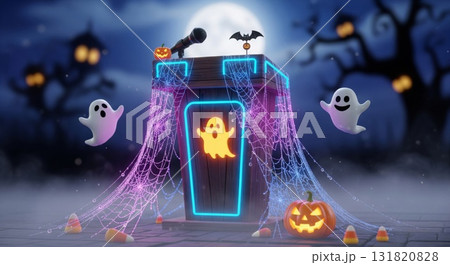 Eerie Halloween Scene with Pixelated Objects and Full Moon at Night 131820828