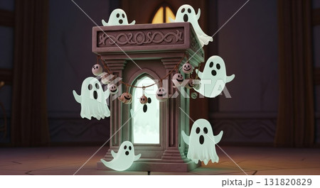 Stone Pedestal Topped with Ghosts Garland and Lit Green Room Interior Setting 131820829