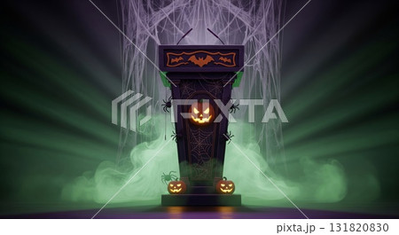 Pixelated Podium with Halloween Theme Decorations in Dim Green Smoky Background 131820830