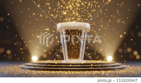 Illuminated Stage with White Podium and Golden Confetti Shower in Warm Lighting 131820847