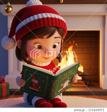Animated Girl Reading Christmas Book by Fireplace with Festive Decorations 131820971