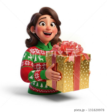 Smiling Brunette Woman Holding Gold Wrapped Gift Box with Red Bow in Festive Sweater 131820978