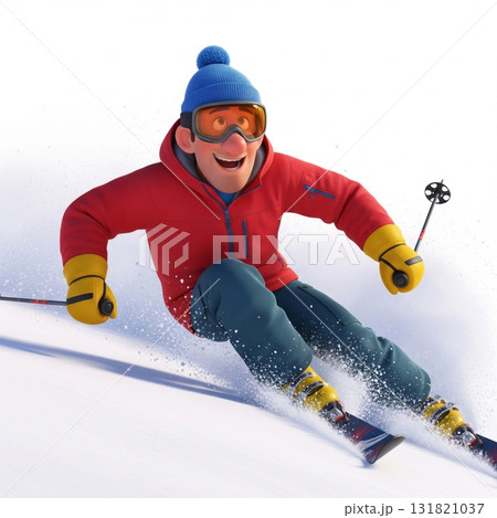 Cartoon Skier Gliding Down Snowy Slope in Red Jacket and Blue Beanie Hat with Cheerful Expression 131821037