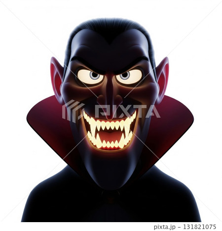 Cartoon Vampire Portrait with Glowing Fangs in Dark Red and Black Costume on White Background Cartoon Vampire Portrait with Glowing Fangs in Dark Red and Black Costume on White Background 131821075