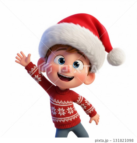 Happy Cartoon Boy in Red Christmas Sweater and Santa Hat Waving on White Background Happy Cartoon Boy in Red Christmas Sweater and Santa Hat Waving on White Background 131821098