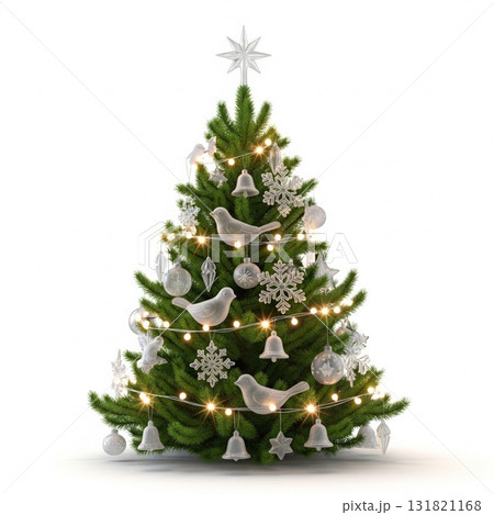 Decorated Green Christmas Tree with Silver Ornaments and String Lights on White Background 131821168