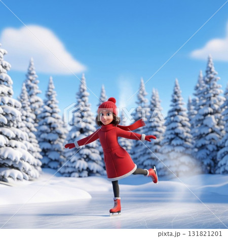 Red Coated Girl Ice Skating on Frozen Lake Surrounded by Snowy Pine Trees in Winter Red Coated Girl Ice Skating on Frozen Lake Surrounded by Snowy Pine Trees in Winter 131821201
