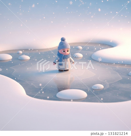 Cartoon Child Figure Stands on Frozen Pond with Snowflakes Falling Down 131821214