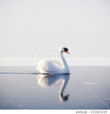 Majestic White Swan Swimming Serenely on Reflective Water Under Soft Natural Light Majestic White Swan Swimming Serenely on Reflective Water Under Soft Natural Light 131821224