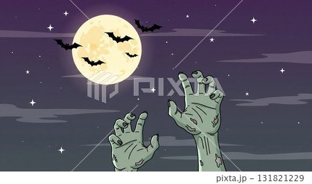 Pixel Art of Zombie Hands Reaching Toward a Full Moon with Bats 131821229