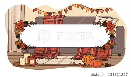Cozy Autumn Living Room with Pumpkins Garland and Blank Oval Frame Cozy Autumn Living Room with Pumpkins Garland and Blank Oval Frame 131821237